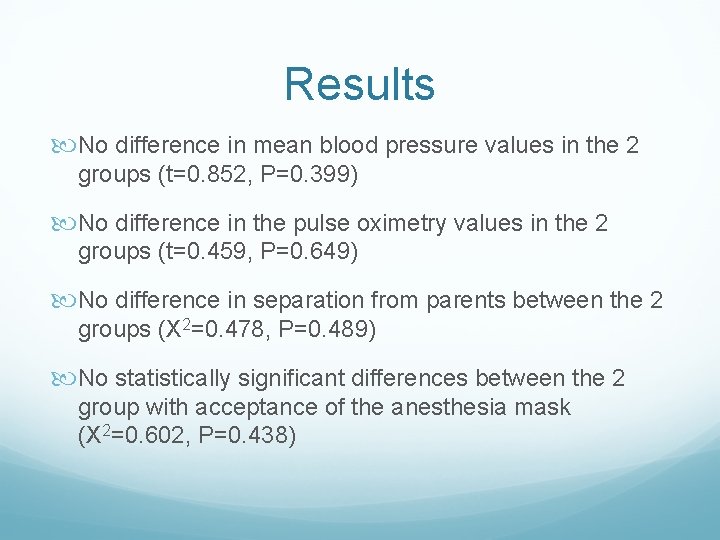 Results No difference in mean blood pressure values in the 2 groups (t=0. 852,
