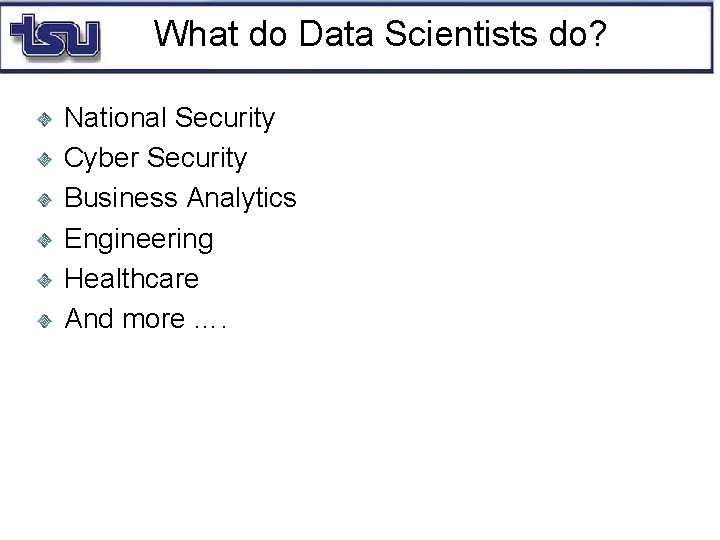 What do Data Scientists do? National Security Cyber Security Business Analytics Engineering Healthcare And What do Data Scientists do? National Security Cyber Security Business Analytics Engineering Healthcare And