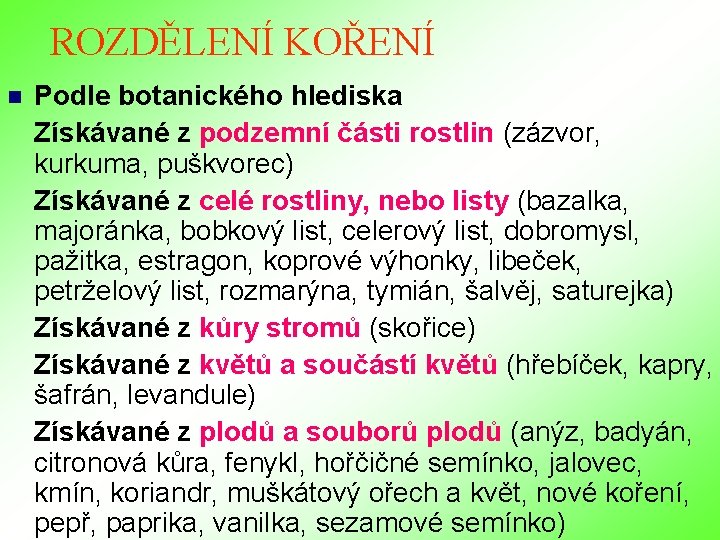 ROZDĚLENÍ KOŘENÍ n Podle botanického hlediska Získávané z podzemní části rostlin (zázvor, kurkuma, puškvorec) ROZDĚLENÍ KOŘENÍ n Podle botanického hlediska Získávané z podzemní části rostlin (zázvor, kurkuma, puškvorec)