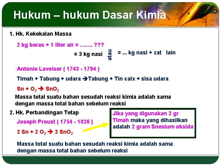 Hukum – hukum Dasar Kimia 1. Hk. Kekekalan Massa = 3 kg nasi atau