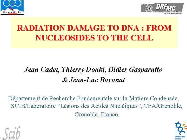 RADIATION DAMAGE TO DNA : FROM NUCLEOSIDES TO THE CELL Jean Cadet, Thierry Douki,