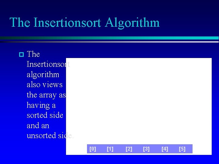 The Insertionsort Algorithm p The Insertionsort algorithm also views the array as having a