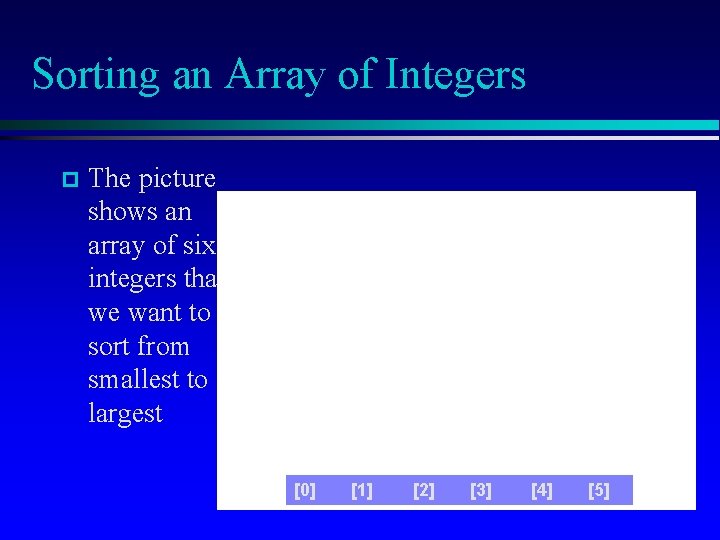 Sorting an Array of Integers p The picture shows an array of six integers