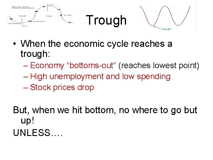 Trough • When the economic cycle reaches a trough: – Economy “bottoms-out” (reaches lowest