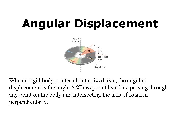 Angular Displacement When a rigid body rotates about a fixed axis, the angular displacement