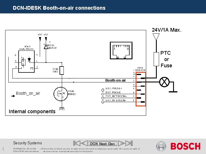 DCN-IDESK Booth-on-air connections 24 V/1 A Max. PTC or Fuse Booth-on-air Booth_on_air Internal components