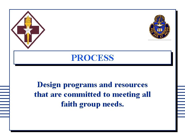 PROCESS Design programs and resources that are committed to meeting all faith group needs.