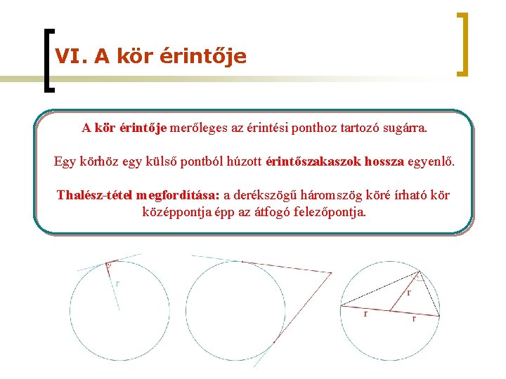 VI. A kör érintője merőleges az érintési ponthoz tartozó sugárra. Egy körhöz egy külső VI. A kör érintője merőleges az érintési ponthoz tartozó sugárra. Egy körhöz egy külső