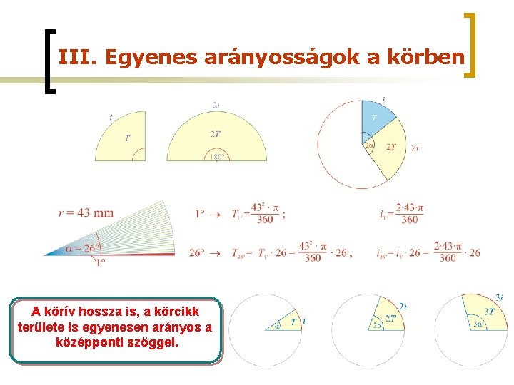 III. Egyenes arányosságok a körben A körív hossza is, a körcikk területe is egyenesen III. Egyenes arányosságok a körben A körív hossza is, a körcikk területe is egyenesen