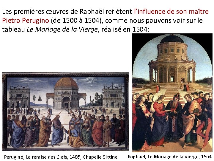 Les premières œuvres de Raphaël reflètent l’influence de son maître Pietro Perugino (de 1500