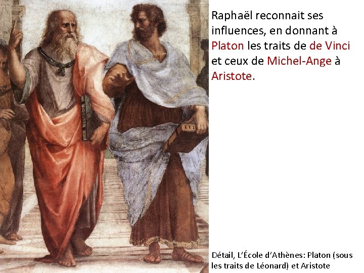 Raphaël reconnait ses influences, en donnant à Platon les traits de de Vinci et