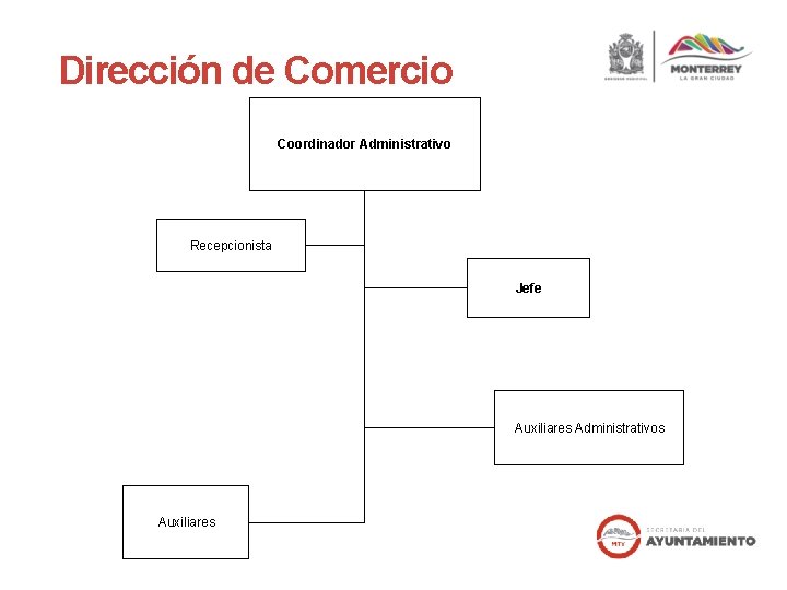Dirección de Comercio Coordinador Administrativo Recepcionista Jefe Auxiliares Administrativos Auxiliares Dirección de Comercio Coordinador Administrativo Recepcionista Jefe Auxiliares Administrativos Auxiliares