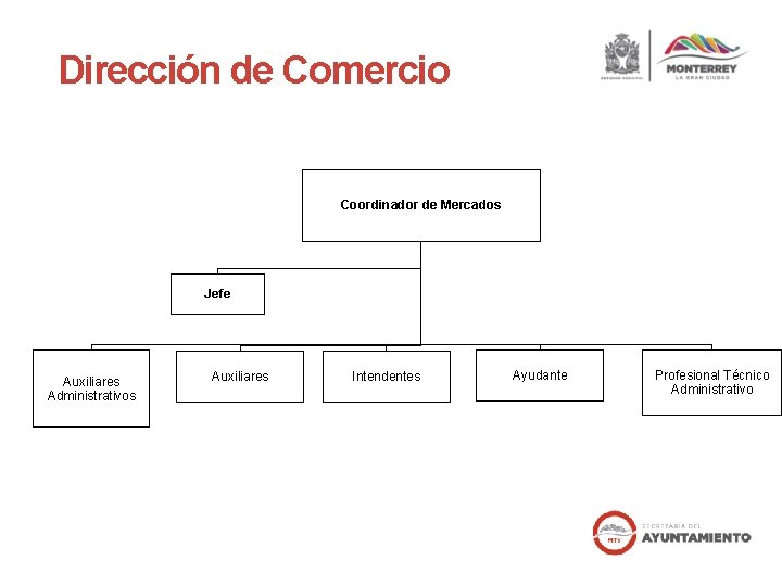 Dirección de Comercio Coordinador de Mercados Jefe Auxiliares Administrativos Auxiliares Intendentes Ayudante Profesional Técnico