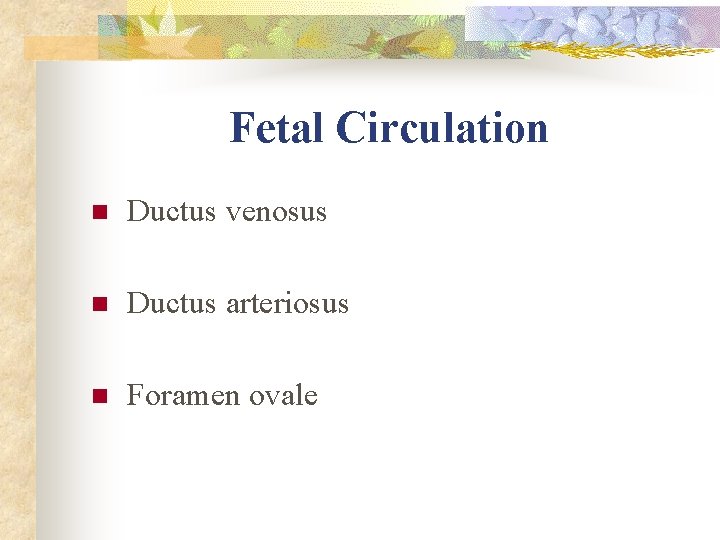 Fetal Circulation n Ductus venosus n Ductus arteriosus n Foramen ovale Fetal Circulation n Ductus venosus n Ductus arteriosus n Foramen ovale