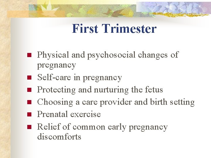 First Trimester n n n Physical and psychosocial changes of pregnancy Self-care in pregnancy First Trimester n n n Physical and psychosocial changes of pregnancy Self-care in pregnancy