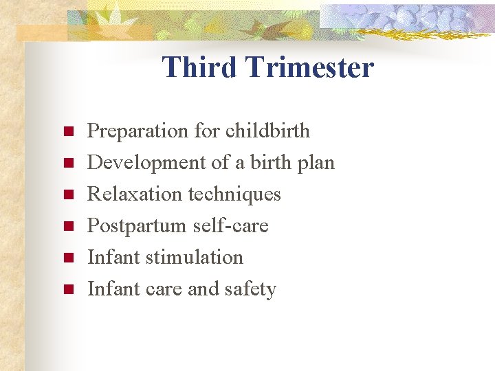 Third Trimester n n n Preparation for childbirth Development of a birth plan Relaxation Third Trimester n n n Preparation for childbirth Development of a birth plan Relaxation