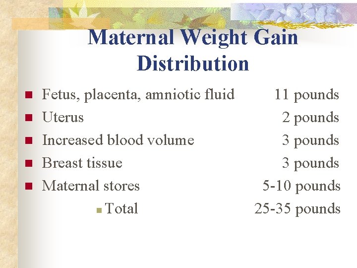 Maternal Weight Gain Distribution n n Fetus, placenta, amniotic fluid Uterus Increased blood volume Maternal Weight Gain Distribution n n Fetus, placenta, amniotic fluid Uterus Increased blood volume