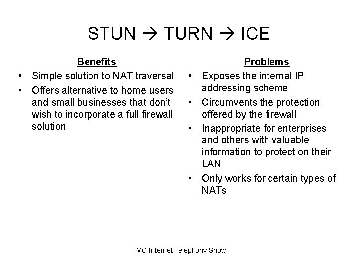 STUN TURN ICE Benefits • Simple solution to NAT traversal • Offers alternative to STUN TURN ICE Benefits • Simple solution to NAT traversal • Offers alternative to