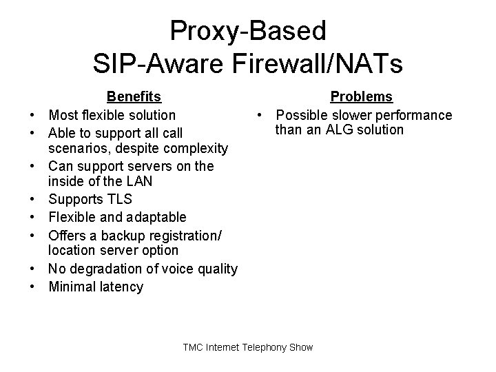 Proxy-Based SIP-Aware Firewall/NATs • • Benefits Most flexible solution Able to support all call Proxy-Based SIP-Aware Firewall/NATs • • Benefits Most flexible solution Able to support all call