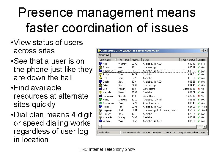 Presence management means faster coordination of issues • View status of users across sites Presence management means faster coordination of issues • View status of users across sites
