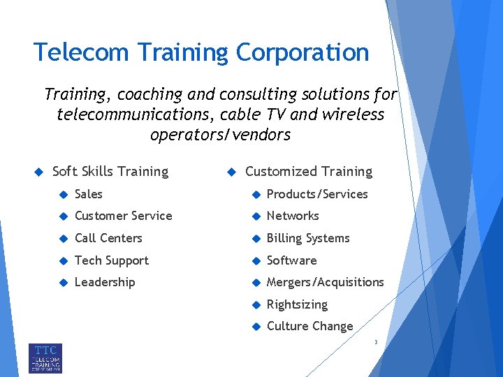 Telecom Training Corporation Training, coaching and consulting solutions for telecommunications, cable TV and wireless