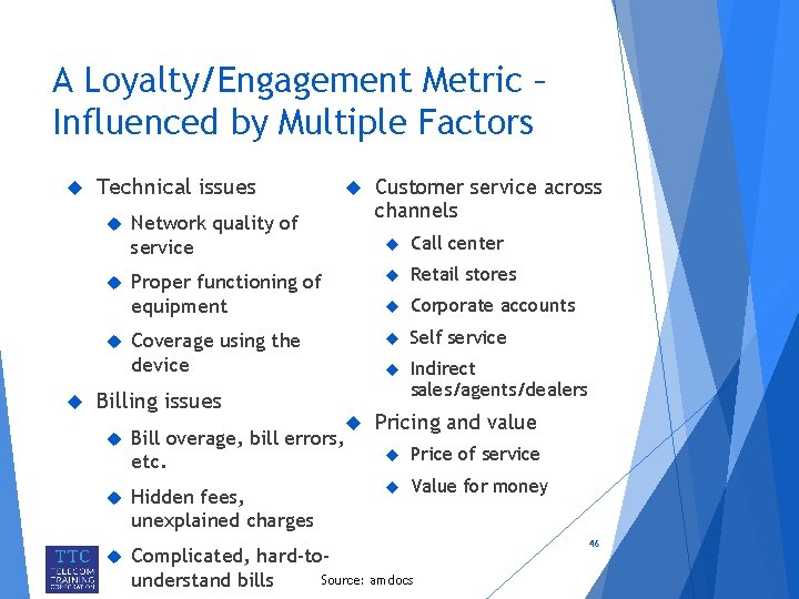 A Loyalty/Engagement Metric – Influenced by Multiple Factors Technical issues Network quality of service