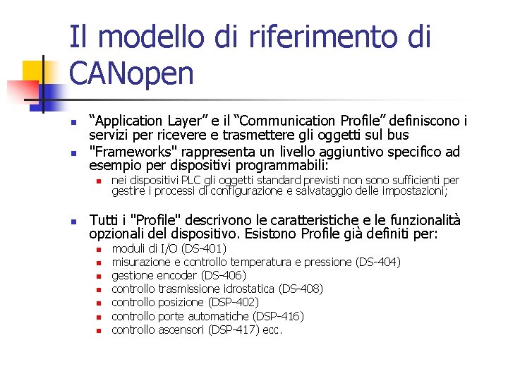 Il modello di riferimento di CANopen n n “Application Layer” e il “Communication Profile” Il modello di riferimento di CANopen n n “Application Layer” e il “Communication Profile”
