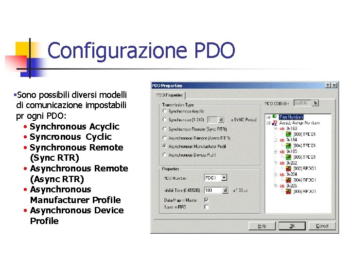 Configurazione PDO §Sono possibili diversi modelli di comunicazione impostabili pr ogni PDO: • Synchronous Configurazione PDO §Sono possibili diversi modelli di comunicazione impostabili pr ogni PDO: • Synchronous