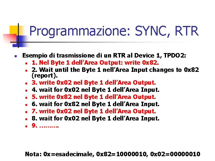 Programmazione: SYNC, RTR n Esempio di trasmissione di un RTR al Device 1, TPDO Programmazione: SYNC, RTR n Esempio di trasmissione di un RTR al Device 1, TPDO