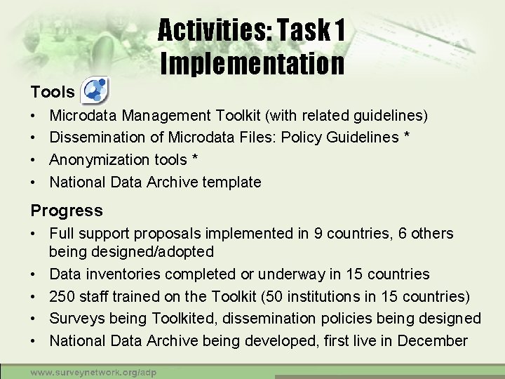 Activities: Task 1 Implementation Tools • • Microdata Management Toolkit (with related guidelines) Dissemination