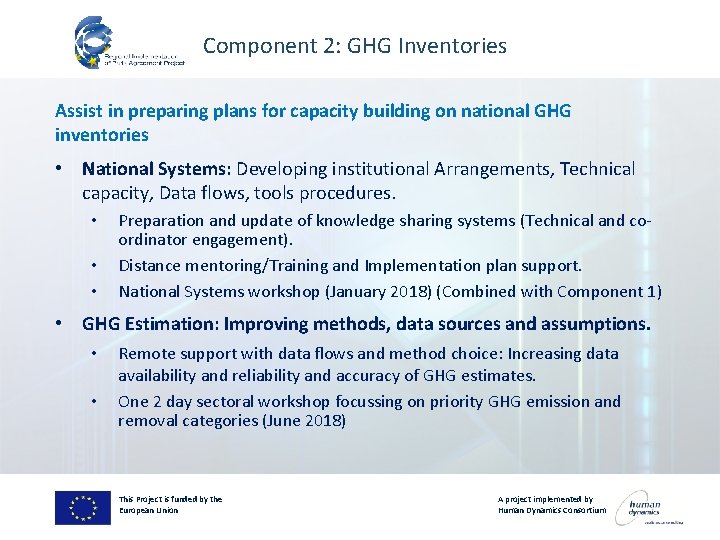 Component 2: GHG Inventories Assist in preparing plans for capacity building on national GHG