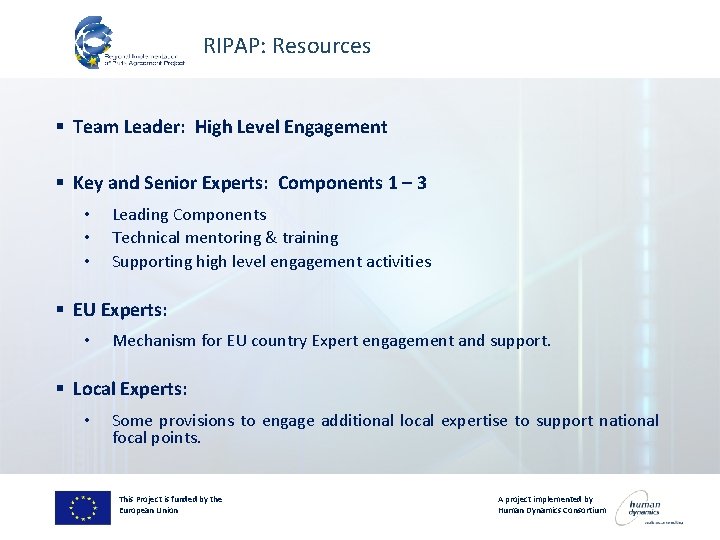 RIPAP: Resources § Team Leader: High Level Engagement § Key and Senior Experts: Components