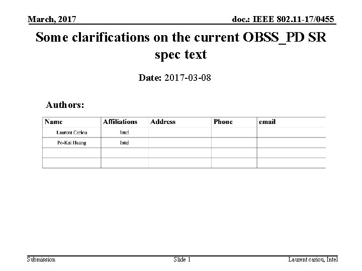 March, 2017 doc. : IEEE 802. 11 -17/0455 Some clarifications on the current OBSS_PD