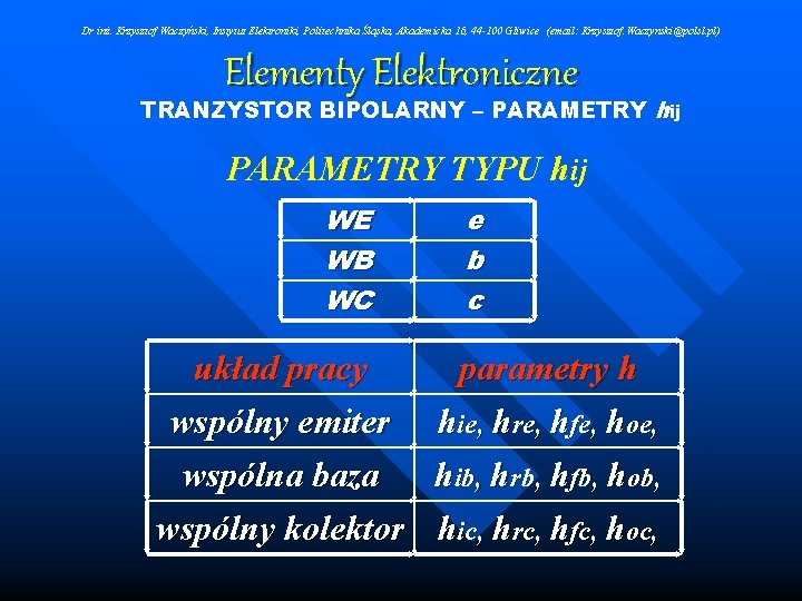 Dr inż. Krzysztof Waczyński, Instytut Elektroniki, Politechnika Śląska, Akademicka 16, 44 -100 Gliwice (email: Dr inż. Krzysztof Waczyński, Instytut Elektroniki, Politechnika Śląska, Akademicka 16, 44 -100 Gliwice (email: