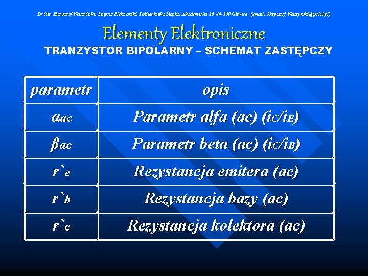 Dr inż. Krzysztof Waczyński, Instytut Elektroniki, Politechnika Śląska, Akademicka 16, 44 -100 Gliwice (email: