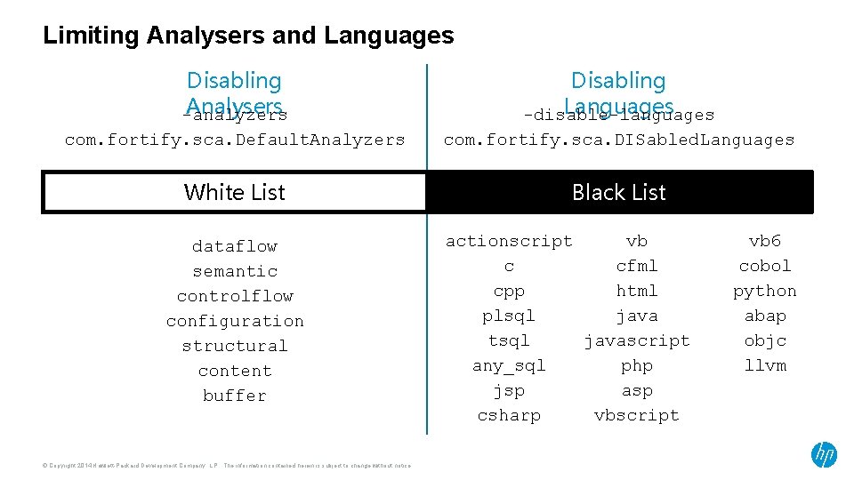 Limiting Analysers and Languages Disabling Analysers -analyzers Disabling Languages -disable-languages com. fortify. sca. Default.