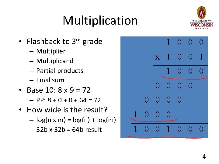 Multiplication • Flashback to 3 rd grade – – Multiplier Multiplicand Partial products Final