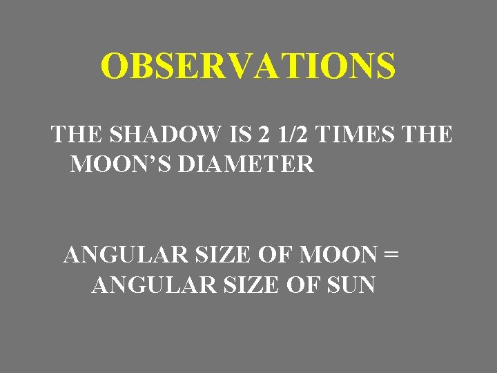 OBSERVATIONS THE SHADOW IS 2 1/2 TIMES THE MOON’S DIAMETER ANGULAR SIZE OF MOON