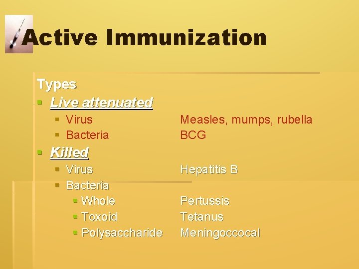 Active Immunization Types § Live attenuated § Virus § Bacteria Measles, mumps, rubella BCG Active Immunization Types § Live attenuated § Virus § Bacteria Measles, mumps, rubella BCG