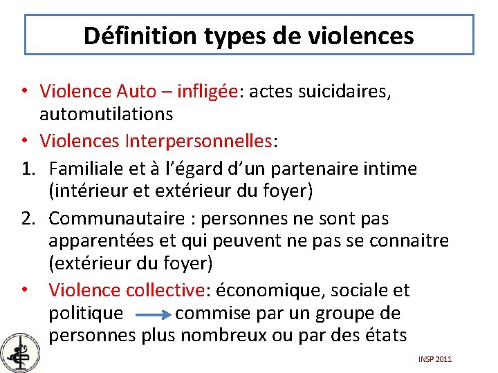 Définition types de violences • Violence Auto – infligée: actes suicidaires, automutilations • Violences