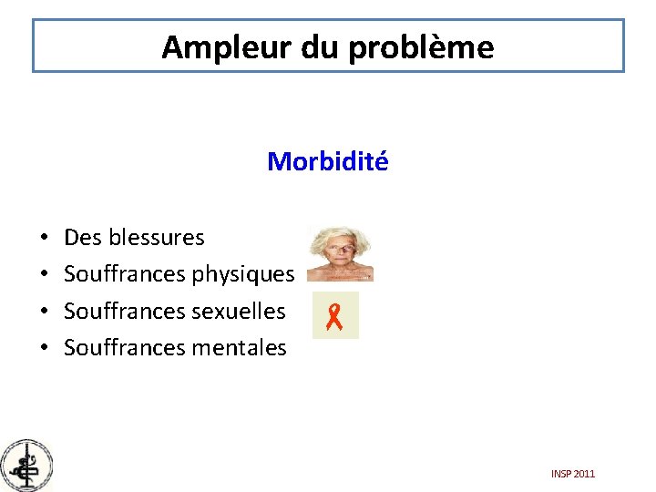 Ampleur du problème Morbidité • • Des blessures Souffrances physiques Souffrances sexuelles Souffrances mentales