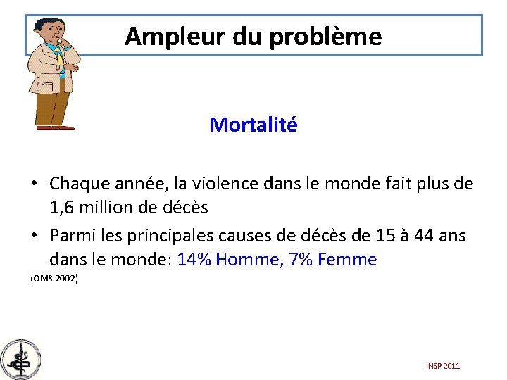 Ampleur du problème Mortalité • Chaque année, la violence dans le monde fait plus