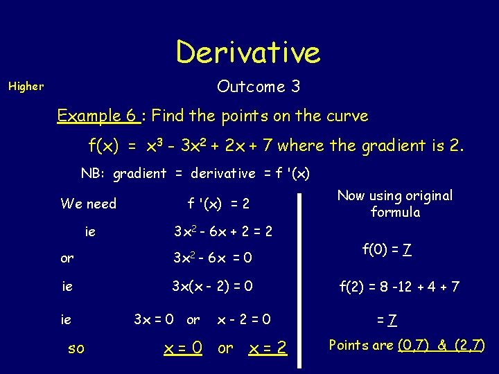 Derivative Outcome 3 Higher Example 6 : Find the points on the curve f(x)