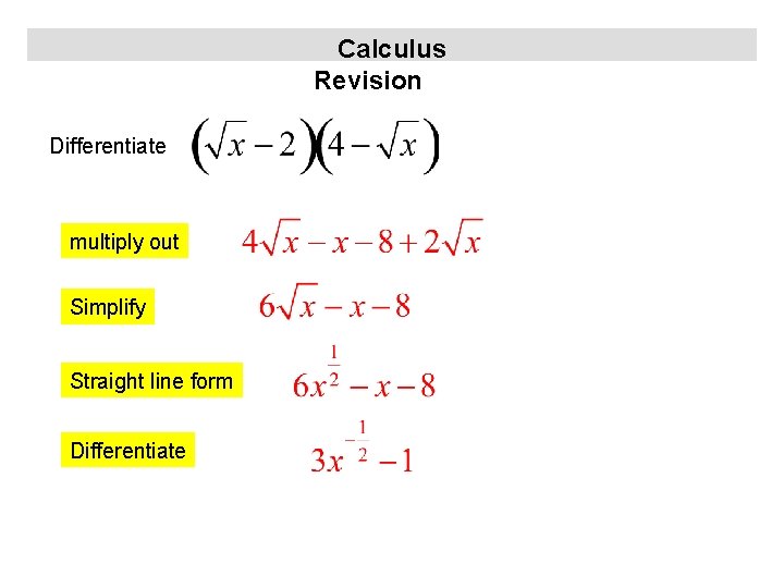 Calculus Revision Differentiate multiply out Simplify Straight line form Differentiate 