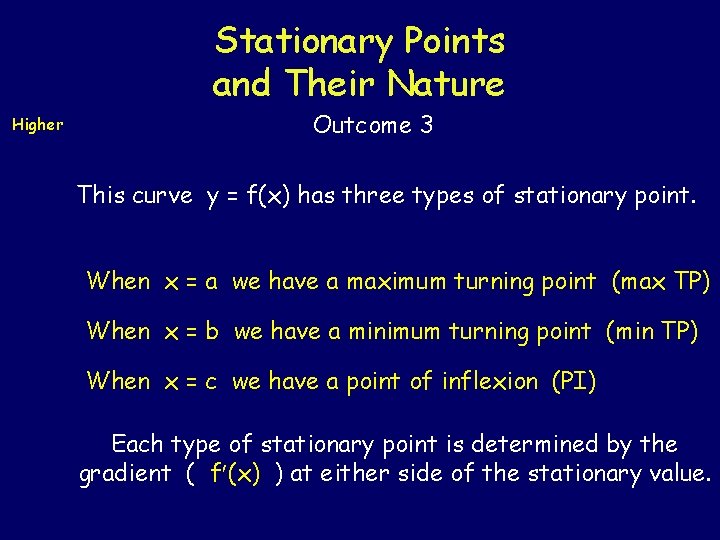 Stationary Points and Their Nature Higher Outcome 3 This curve y = f(x) has