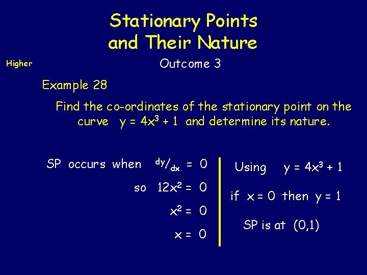 Stationary Points and Their Nature Outcome 3 Higher Example 28 Find the co-ordinates of