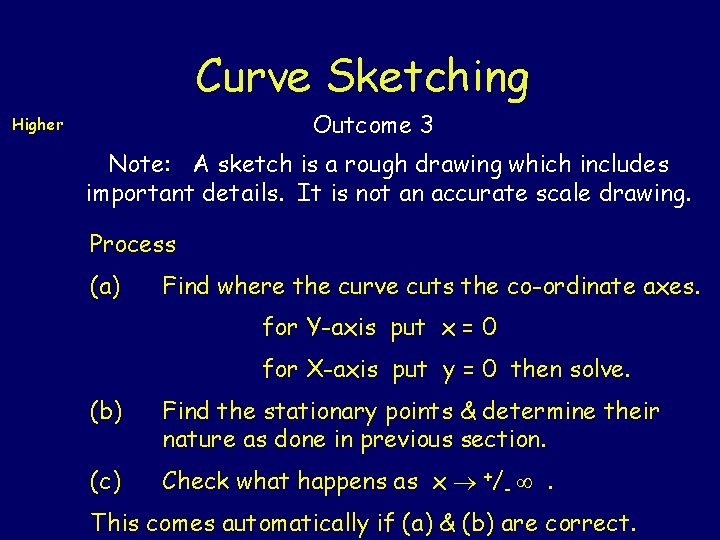 Curve Sketching Outcome 3 Higher Note: A sketch is a rough drawing which includes