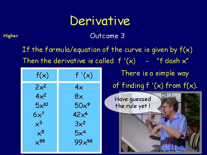 Derivative Outcome 3 Higher If the formula/equation of the curve is given by f(x)