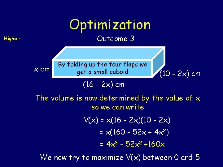 Optimization Outcome 3 Higher x cm By folding up the four flaps we get