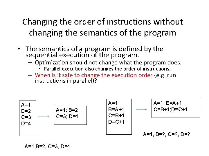 Changing the order of instructions without changing the semantics of the program • The